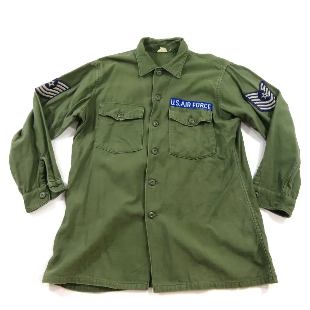 Vietnam Era Cotton Sateen Shirt USAF OD Green Button Up 16.5 x 34 1960s